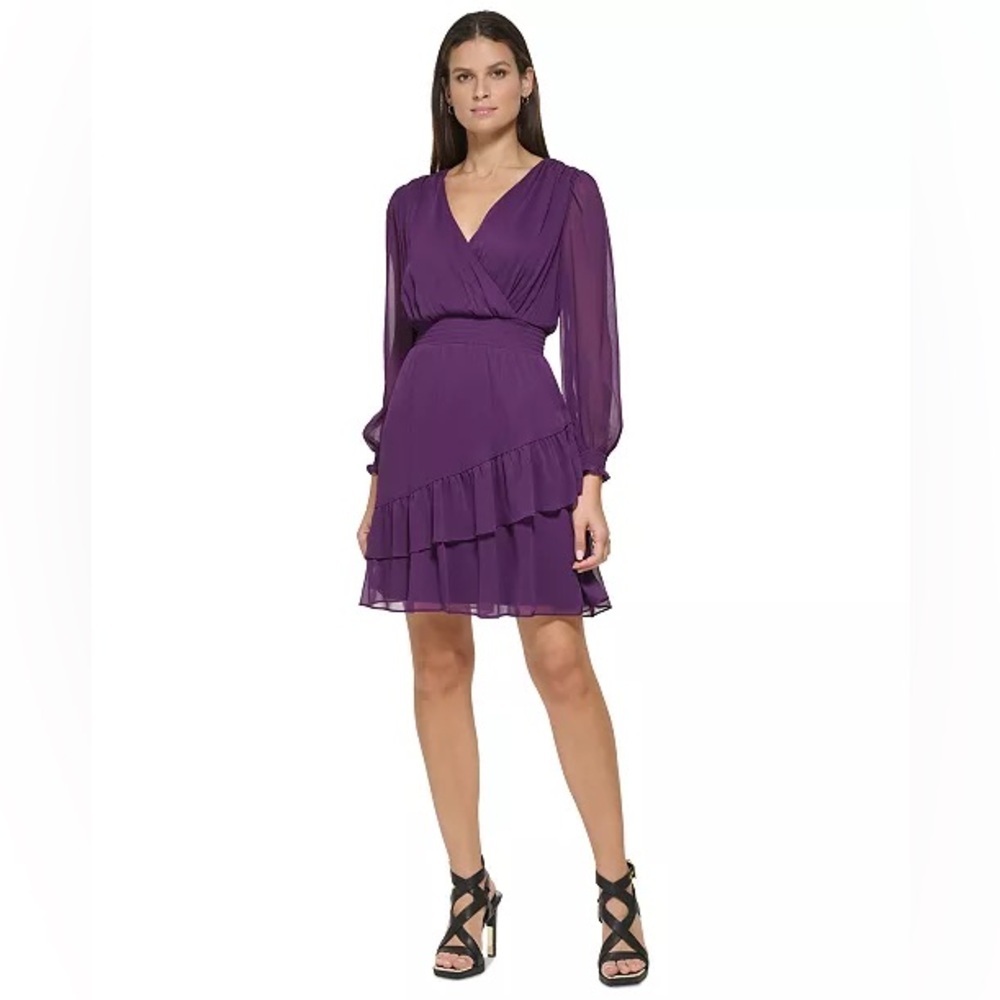 DKNY Chiffon Smocked Ruffle-Hem Dress V Neck Fit and Flare Long Sleeve Purple 14